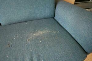 sujo mancha ou poeira em cinzento cor sofá foto