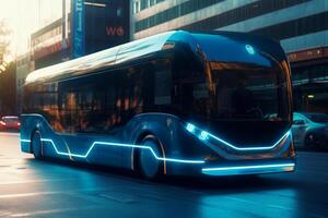 futurista ônibus em cidade rua com edifícios dentro a fundo às noite. generativo ai foto