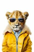 guepardo vestindo oculos de sol e amarelo Jaqueta com branco fundo. generativo ai foto
