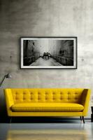 amarelo sofá sentado dentro vivo quarto Próximo para pintura em a muro. generativo ai foto