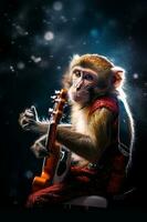 macaco é segurando guitarra e vestindo vermelho vestir e vermelho lenço. generativo ai foto