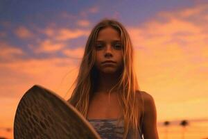 surfar menina às a pôr do sol generativo ai foto