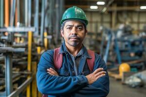 retrato do construção trabalhador dentro uniforme é dentro a fábrica. generativo ai foto