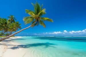 tropical paraíso de praia com branco areia e coco Palmeiras viagem turismo Largo panorama fundo conceito generativo ai foto