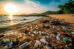 derramado lixo em a de praia do a grande cidade. esvaziar usava sujo plástico garrafas. sujo mar arenoso costa a Preto mar. de Meio Ambiente poluição. ecológico problema. comovente ondas dentro a generativo ai foto