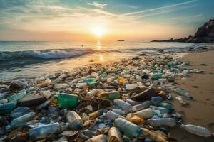 derramado lixo em a de praia do a grande cidade. esvaziar usava sujo plástico garrafas. sujo mar arenoso costa a Preto mar. de Meio Ambiente poluição. ecológico problema. comovente ondas dentro a generativo ai foto