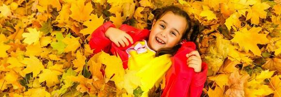 feliz pequeno menina mentiras dentro amarelo folhas dentro outono parque foto