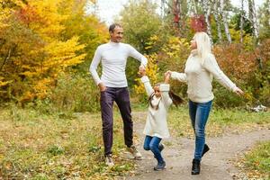 cenário do adorável família dentro outono parque, jovem pais com agradável adorável filha jogando ao ar livre, ter Diversão em quintal dentro cair, feliz família apreciar outonal natureza foto