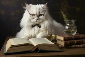 uma fofa britânico cabelo curto gato desgasta óculos e parece gostar ela é cansado generativo ai foto