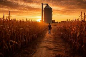 agricultor caminhando através dourado trigo campo e verificação a colheita generativo ai foto