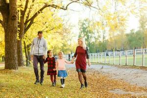 retrato do uma jovem família dentro a outono parque foto