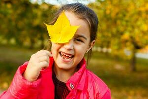 pequeno menina jogando com caído outono folhas. foto