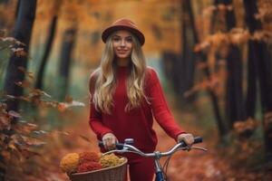 lindo menina tem Diversão equitação uma bicicleta dentro outono generativo ai foto