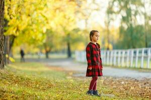 costas para escola. pequeno menina dentro outono parque foto