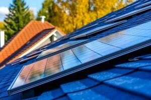 solar fotovoltaico painéis em uma casa cobertura generativo ai foto