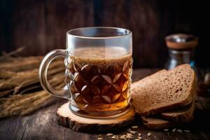 tradicional beber fermentado kvass a partir de centeio pão dentro especial meio litro caneca em Sombrio fundo. cópia de espaço. generativo ai foto