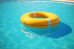 colorida inflável tubo flutuando dentro natação piscina, verão período de férias conceito generativo ai foto