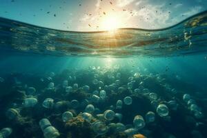 plástico garrafas afundando dentro para a oceano. ambiental poluição conceito. mundo oceanos dia generativo ai foto