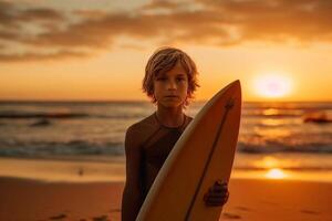 confiante Garoto carregando prancha de surfe enquanto em pé às beira-mar dentro pôr do sol generativo ai foto