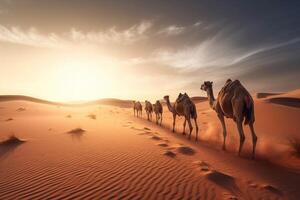 camelo caravana indo através a areia dunas dentro a sahara deserto, Marrocos às pôr do sol generativo ai foto