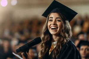 menina graduando Alto escola, a comemorar acadêmico realização generativo ai foto