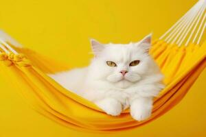 retrato do lindo branco gato com oculos de sol em amarelo tecido maca isolado em amarelo fundo generativo ai foto
