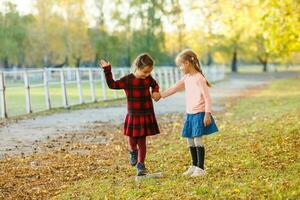dois pequeno meninas dentro outono parque foto