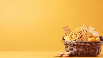 uma cesta do queijo e biscoitos. rede bandeira com cópia de espaço. generativo ai foto