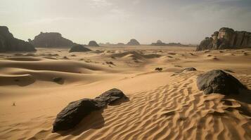 uma deserto com areia dunas e Rocha formações. generativo ai foto