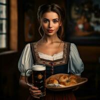 fofa menina garçom com Cerveja e pães dentro uma nacional bávaro equipamento em uma borrado fundo do uma bar. generativo ai foto