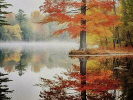 manhã névoa sobre a lago dentro a outono floresta. alta qualidade imagens do outono folhagem refletido dentro água óleo pintura. ai gerado foto