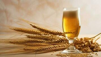 uma vidro do Cerveja contra a fundo do orelhas do trigo. ai gerado foto
