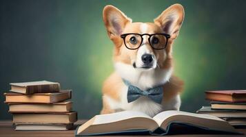 fofa corgi professor vestindo óculos com pilha do livros. ai gerado imagem. foto