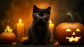 dia das Bruxas fofa Preto gato e abóbora lanternas. ai gerado imagem foto