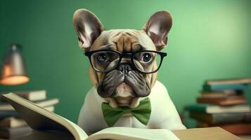 fofa francês buldogue professor vestindo óculos com pilha do livros. ai gerado imagem. foto
