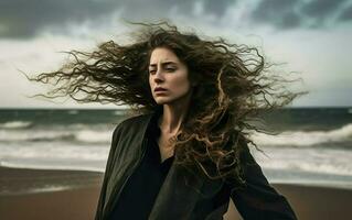 retrato do uma mulher em a de praia. ai, generativo ai foto