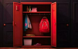 vermelho armário com coisas e uma vermelho mochila contra a fundo do Sombrio armários. ai, generativo ai foto