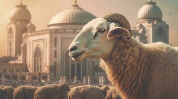 ai generativo ovelha e mesquita em eid al adha festival foto