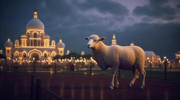 ai generativo ovelha e mesquita em eid al adha período noturno foto