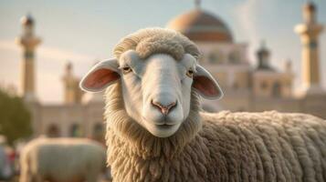 ai generativo ovelha e mesquita em eid al adha com dramático iluminação foto