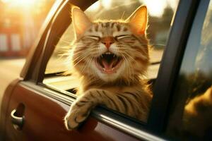 gato cabeça Fora carro janela. gerar ai foto