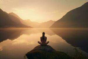 mulher lago meditação natureza. gerar ai foto