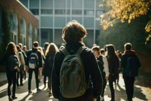 Garoto caminhando escola classe manhã. gerar ai foto