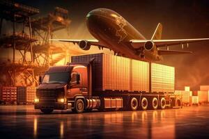 global o negócio logística e transporte fundo. conectados bens ordens mundialmente. logística importar exportação e recipiente carga frete navio e carga avião. generativo ai. foto