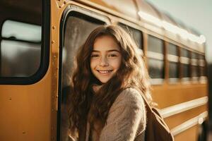 estudante em pé dentro frente do uma escola ônibus. ai gerado foto