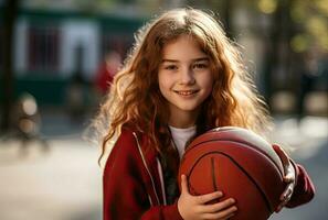 menina segurando basquetebol. ai gerado foto