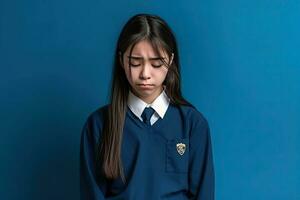 uma menina triste vestindo escola uniforme. ai gerado foto