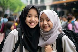 dois hijab estudante sorridente. ai gerado foto