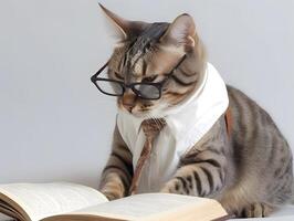 fofa animal gato com Óculos e aberto livro. ai gerado. foto