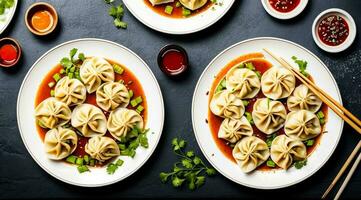 deliciosamente saboroso frango dumplings com molho. Comida fotografia. ai gerado. foto